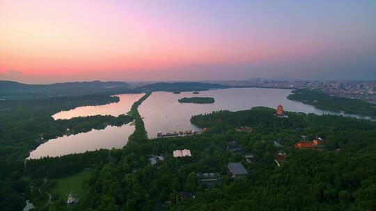 航拍夕阳杭州著名景点西湖风景区