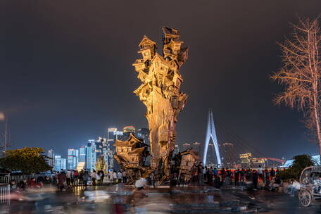 重庆 洪崖洞 雕塑 夜景 人流 4K 超清延时