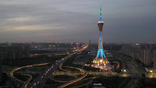 郑州中原福塔城市地标交通航拍夜景