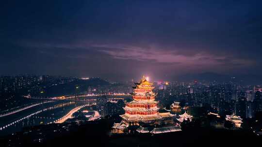 航拍重庆鸿恩寺夜景