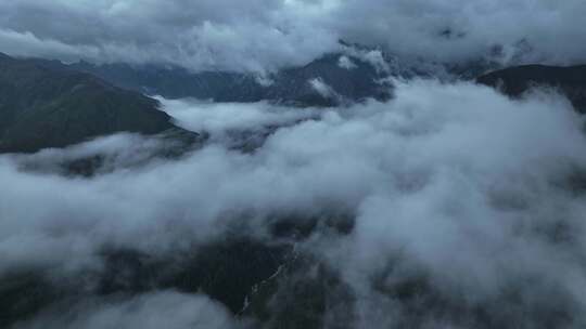 四川甘孜清晨被雾笼罩的稻城亚丁高山风景