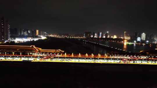 航拍咸阳古渡廊桥夜景