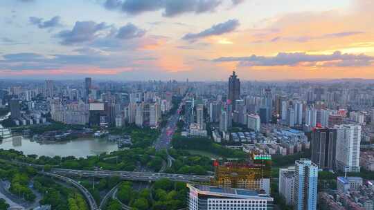 广西南宁夕阳西下东盟商务区航拍大景全景城