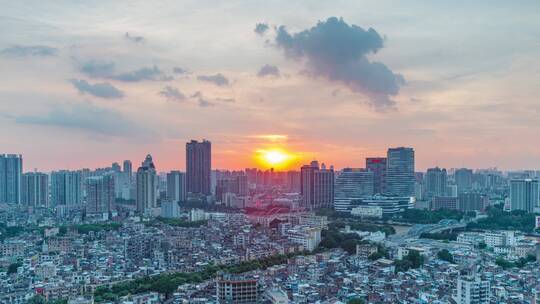 广州城市密集建筑与夕阳落日晚霞延时风光