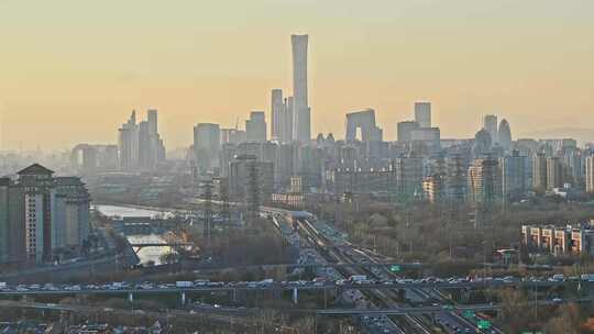 夕阳下北京国贸CBD城市天际线傍晚全景