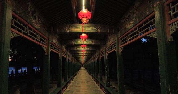 北京4K拍摄颐和园长廊节日悬挂的红灯笼