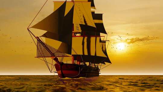 夕阳下乘风破浪前行的一只帆船视频