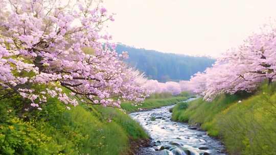 春水潺潺 山花烂漫 自然复苏之景