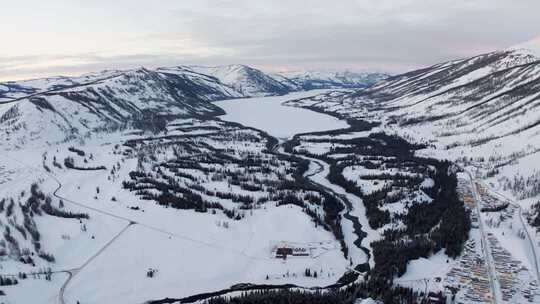 新疆阿勒泰地区喀纳斯景区雪景航拍