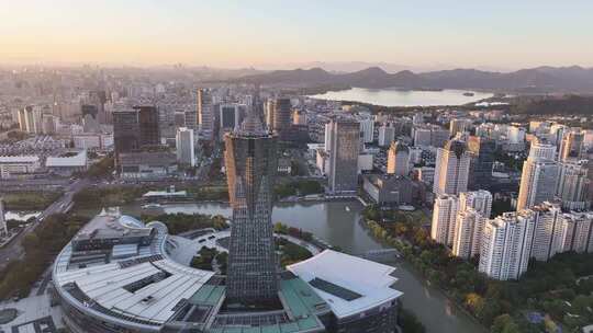 杭州西湖文化广场城市高楼建筑航拍全景