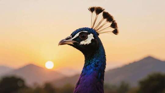 绚丽日落中的孔雀展翅慢镜头