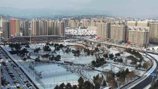 航拍城市雪景  雪后县城