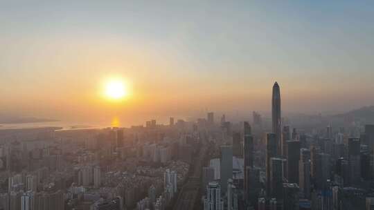 深圳福田区市中心航拍平安大厦夕阳黄昏日落