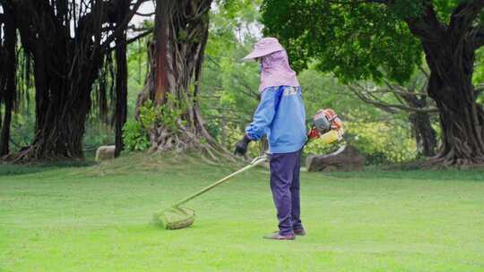 手持打草机打草 公园护理 公园美化