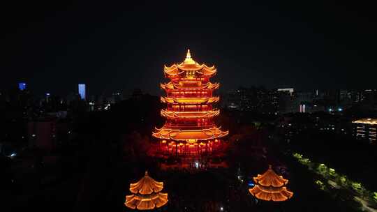 武汉黄鹤楼夜景航拍黄鹤楼风景夜晚建筑风光