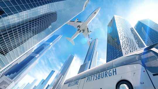 匹兹堡飞机降落城市摩天大楼，巴士上有欢迎