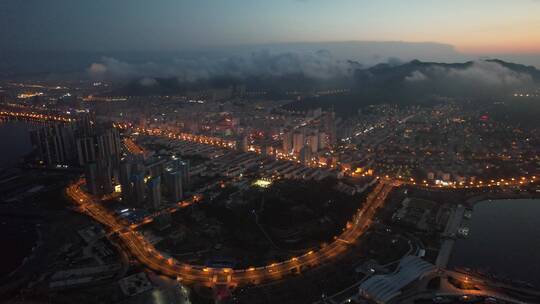 航拍威海金线顶湾九里周边的夜景灯光