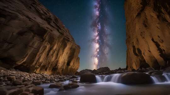 峡谷间星空下的溪流美景