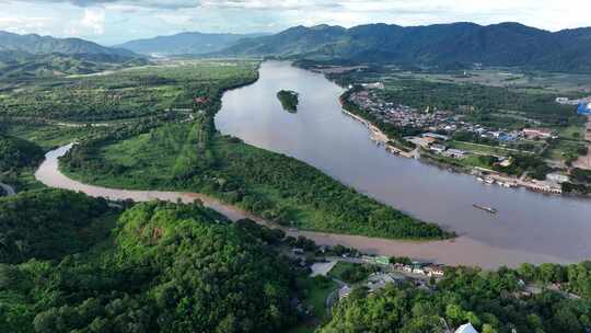 HDR泰国缅甸老挝金三角湄公河航拍景观视频素材模板下载