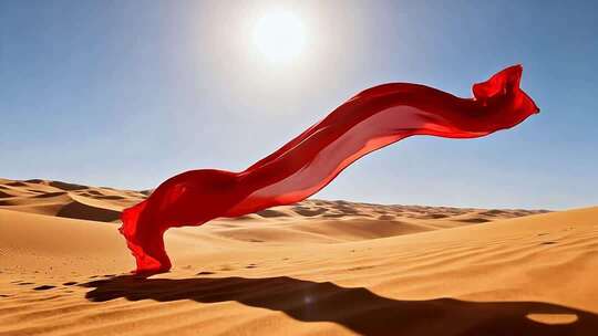 沙漠中飘扬的红色绸带