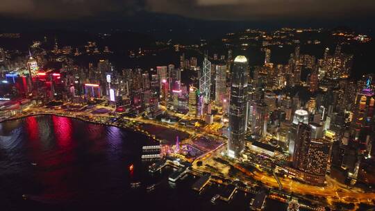 航拍中国香港维多利亚港现代城市夜景