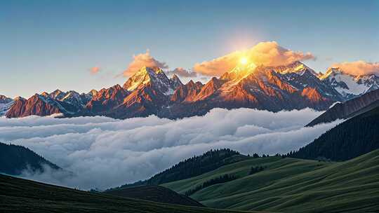 新疆雪山日照金山云海翻腾壮丽风光立秋