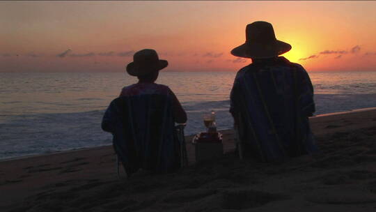 黄昏时坐在沙滩上喝酒的夫妇