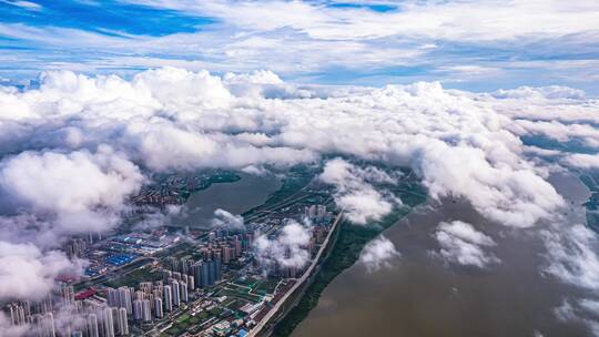 武汉城市蓝天白云穿云俯视江城长江航拍延时视频素材模板下载