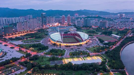 浙江义乌市体育场城市地标夜景车流航拍延时