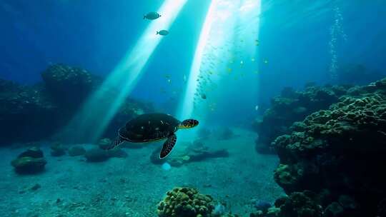 4k阳光透过海面大海里的鱼群海洋生物