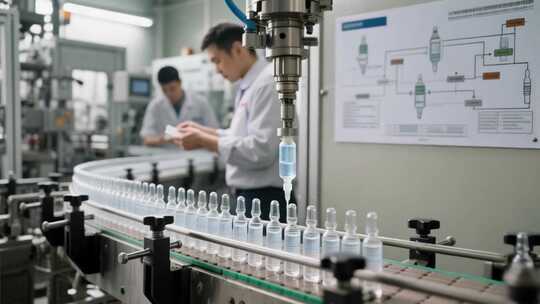 药厂工人操作医药生产线