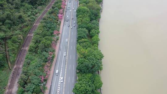 俯拍河边河岸公路车流车辆交通汽车