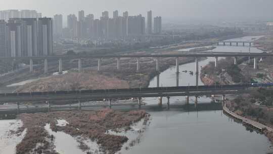 四川广汉城市湔江湿地桥梁西成高铁空镜