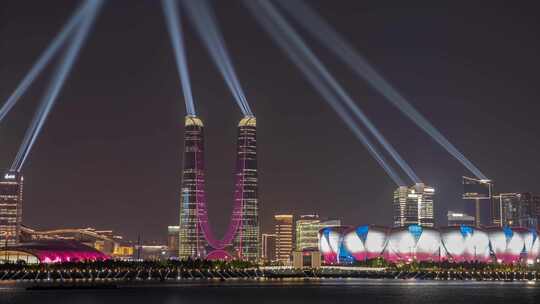 奥体中心杭州之门灯光秀延时视频素材模板下载