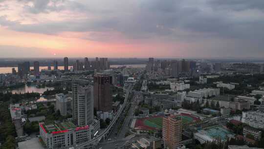 夏日傍晚 芜湖镜湖主城城市风光航拍素材