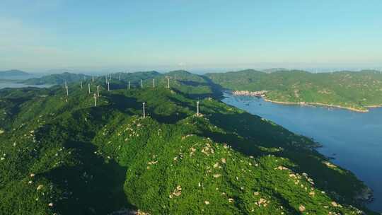 4K 海岛风车山风力发电、绿色清洁能源航拍