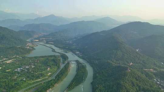 航拍清晨的四川成都岷江都江堰水利工程