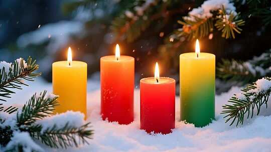 雪地中燃烧的彩色圣诞蜡烛