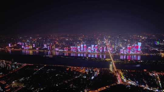 湖南长沙城市夜景湘江风光带航拍视频素材模板下载