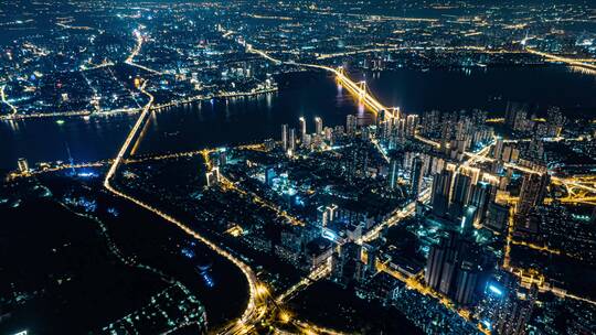 武汉江滩夜景城市夜景车流霓虹灯延时航拍