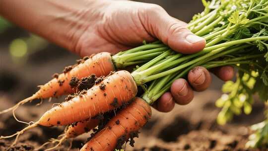 新鲜胡萝卜从地里采摘细节展示