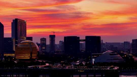 CBD城市高楼大厦杭州钱塘江晚霞夜景