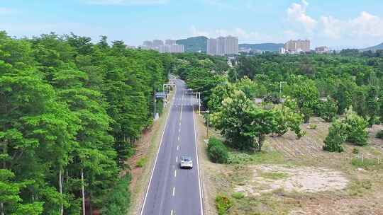 航拍一辆白色汽车行驶在森林道路上