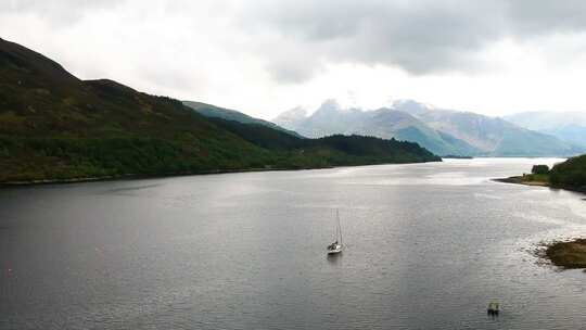 苏格兰高地山湖的电影倾斜无人机拍摄与船