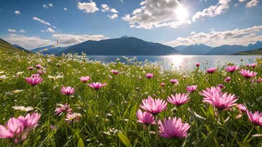 湖边花海与远山风景