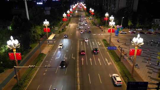 航拍成都郫都区中信大道国庆节布置夜景交通