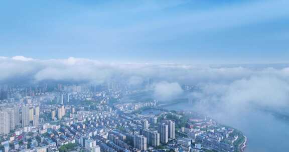平流雾下的九江城景航拍延时