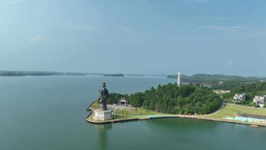 鄱阳湖国家湿地公园饶娥雕像航拍湖泊风景