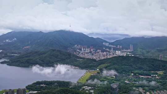 航拍深圳罗湖区水贝片区洪湖公园城市风光