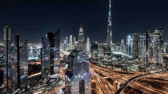 城市航拍迪拜摩天大楼汽车高架桥夜景灯光